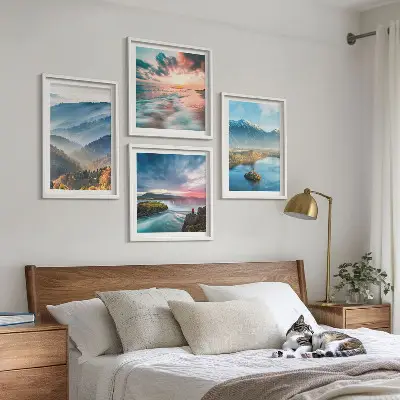 Multi-piece wall decor set featuring mountain landscapes and waterfalls