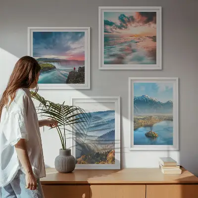 Multi-piece wall decor set featuring mountain landscapes and waterfalls