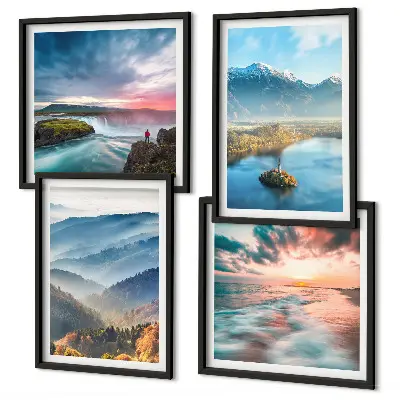 Multi-piece wall decor set featuring mountain landscapes and waterfalls