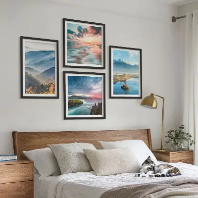 Multi-piece wall decor set featuring mountain landscapes and waterfalls