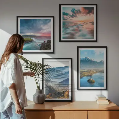Multi-piece wall decor set featuring mountain landscapes and waterfalls