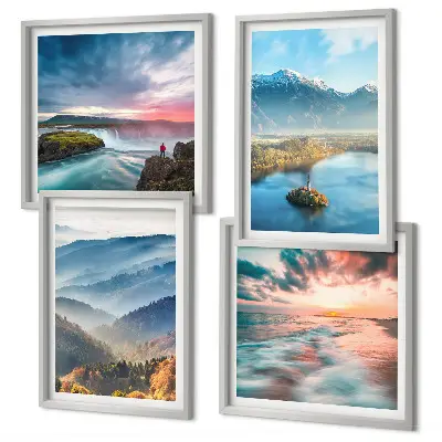 Multi-piece wall decor set featuring mountain landscapes and waterfalls