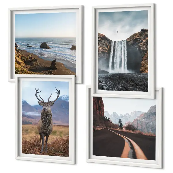 Wall art set featuring mountain landscapes, waterfalls, deer, and beaches