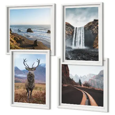 Wall art set featuring mountain landscapes, waterfalls, deer, and beaches