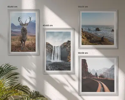 Wall art set featuring mountain landscapes, waterfalls, deer, and beaches