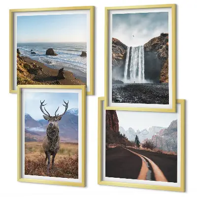 Wall art set featuring mountain landscapes, waterfalls, deer, and beaches