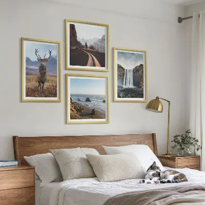 Wall art set featuring mountain landscapes, waterfalls, deer, and beaches
