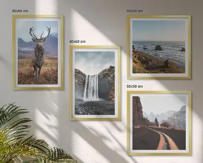 Wall art set featuring mountain landscapes, waterfalls, deer, and beaches