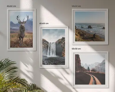 Wall art set featuring mountain landscapes, waterfalls, deer, and beaches