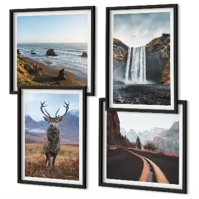 Wall art set featuring mountain landscapes, waterfalls, deer, and beaches
