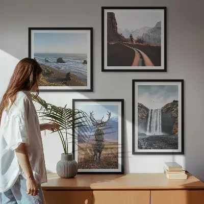 Wall art set featuring mountain landscapes, waterfalls, deer, and beaches