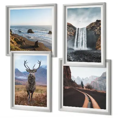 Wall art set featuring mountain landscapes, waterfalls, deer, and beaches