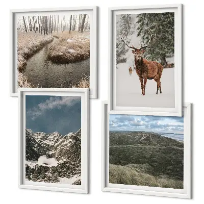 Set of 4 wall art pieces featuring mountain snow, deer, and forest landscape