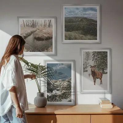 Set of 4 wall art pieces featuring mountain snow, deer, and forest landscape
