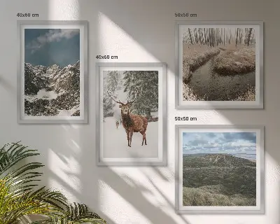 Set of 4 wall art pieces featuring mountain snow, deer, and forest landscape