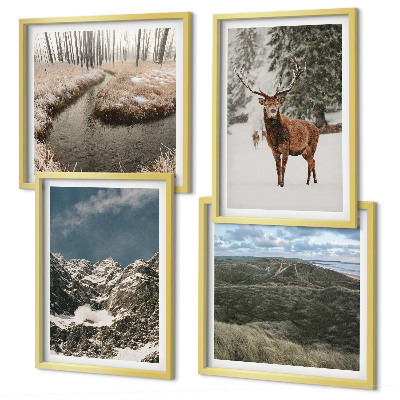 Set of 4 wall art pieces Mountains snow deer forest landscape