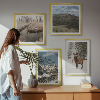 Set of 4 wall art pieces Mountains snow deer forest landscape