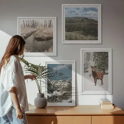 Set of 4 wall art pieces featuring mountain snow, deer, and forest landscape