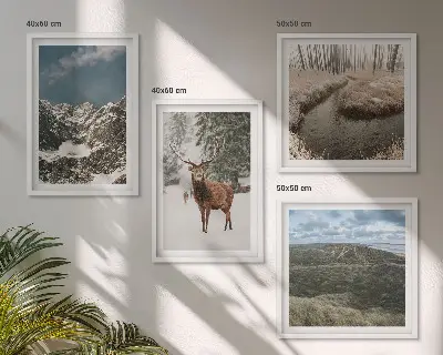 Set of 4 wall art pieces featuring mountain snow, deer, and forest landscape