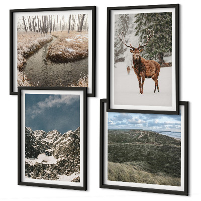Set of 4 wall art pieces Mountains snow deer forest landscape