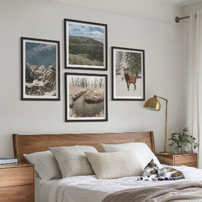 Set of 4 wall art pieces Mountains snow deer forest landscape