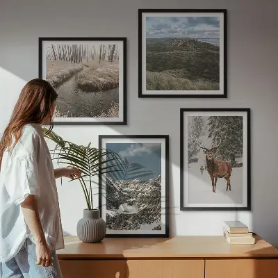 Set of 4 wall art pieces featuring mountain snow, deer, and forest landscape