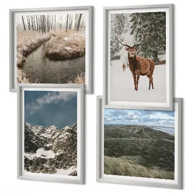 Set of 4 wall art pieces featuring mountain snow, deer, and forest landscape