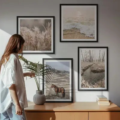 Multi-piece wall decor set featuring a landscape of horses, sea grass, and forest