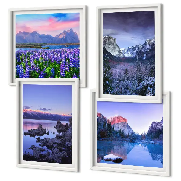 Wall art set featuring mountain landscapes, water, and flower fields