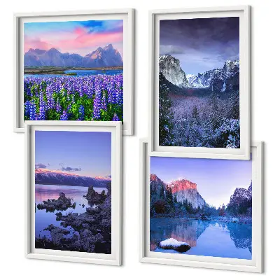 Wall art set featuring mountain landscapes, water, and flower fields