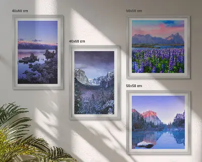 Wall art set featuring mountain landscapes, water, and flower fields