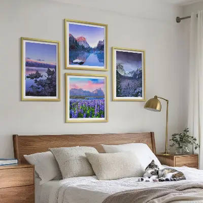 Wall art set featuring mountain landscapes, water, and flower fields