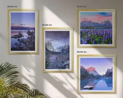 Wall art set featuring mountain landscapes, water, and flower fields