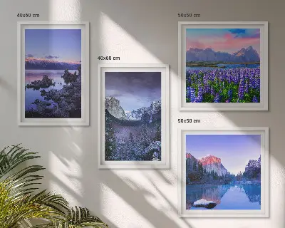 Wall art set featuring mountain landscapes, water, and flower fields