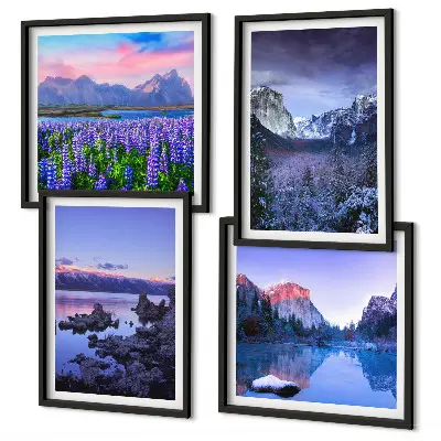 Wall art set featuring mountain landscapes, water, and flower fields