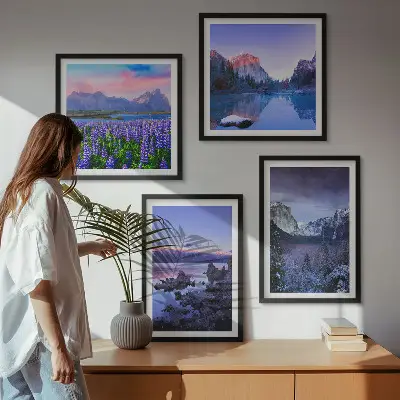 Wall art set featuring mountain landscapes, water, and flower fields