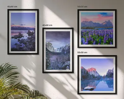 Wall art set featuring mountain landscapes, water, and flower fields