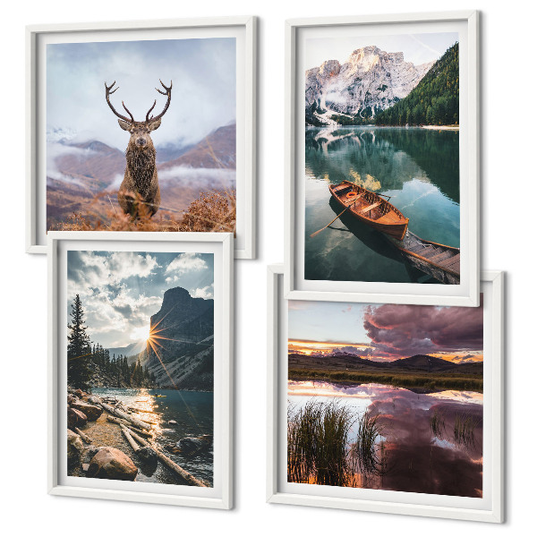 Wall art set Mountain lake boat sunset deer