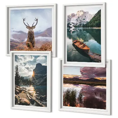 Wall art set featuring a mountain lake with a boat at sunset and a deer