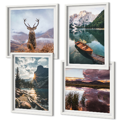 Wall art set Mountain lake boat sunset deer