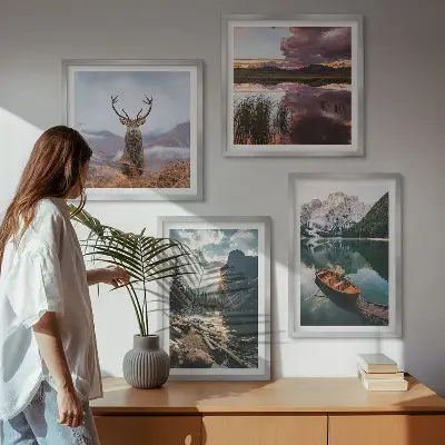 Wall art set featuring a mountain lake with a boat at sunset and a deer