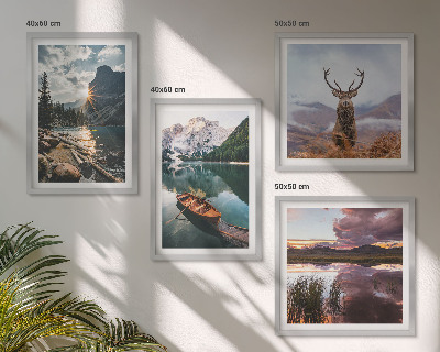 Wall art set Mountain lake boat sunset deer