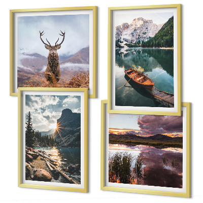 Wall art set Mountain lake boat sunset deer