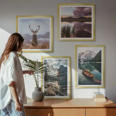 Wall art set featuring a mountain lake with a boat at sunset and a deer