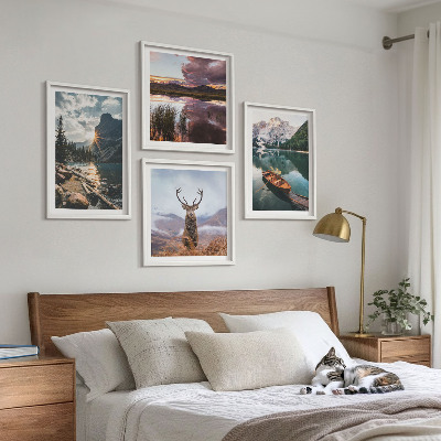 Wall art set Mountain lake boat sunset deer