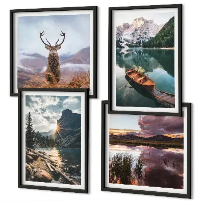 Wall art set featuring a mountain lake with a boat at sunset and a deer