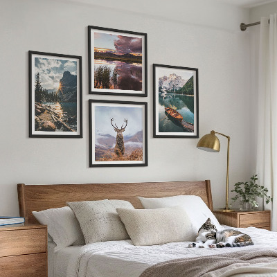 Wall art set Mountain lake boat sunset deer