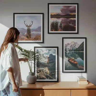 Wall art set featuring a mountain lake with a boat at sunset and a deer