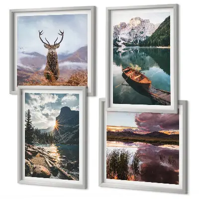 Wall art set featuring a mountain lake with a boat at sunset and a deer