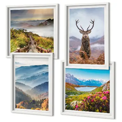 Set of 4 wall art pieces featuring a mountain landscape with a lake and deer